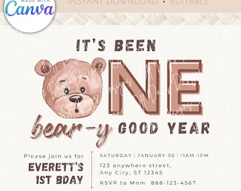 One Bear-y Good Year 1st Birthday Party Invitation Canva Template, Editable, Teddy Bear