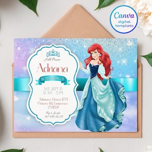 Princess Ariel Birthday invitation, Girl editable invite template, little mermaid printable invitation, under sea party, instant download