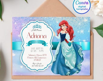 Princess Ariel Birthday invitation, Girl editable invite template, little mermaid printable invitation, under sea party, instant download