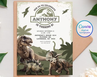 May include: A green and brown dinosaur-themed birthday invitation for Anthony's 8th birthday party. The invitation features a green dinosaur silhouette with the text "Join us to celebrate Anthony is turning 8!" The invitation includes the date, time, and location of the party.