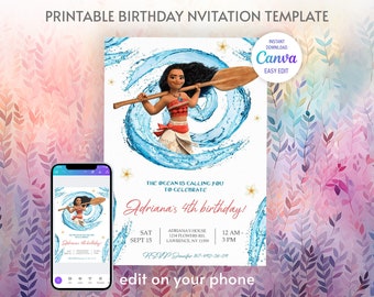 Moana invitation, Printable birthday invitation, Editable invitation, instant download, boy girl birthday invite, hawaii luau party