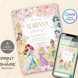 May include: A digital invitation featuring Disney princesses, floral accents, and the text "Princess ADRIANA is turning 5." The invitation includes event details and is available for instant download. A smartphone displays the invitation.