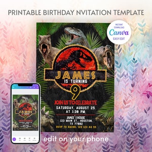 Może przedstawiać: Drukowany szablon zaproszenia urodzinowego z motywem dinozaurów. Projekt zawiera tekst "JAMES IS TURNING 9" z ilustracjami dinozaurów i szczegółami wydarzenia. Zaproszenie jest wyświetlane na smartfonie z tekstem "edit on your phone".