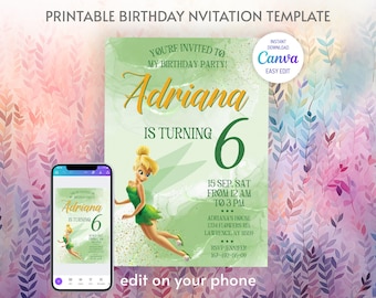 Printable fairy  Tinkerbell fairy Birthday Invitation, tinker bell invitation, editable invite, peter pen invite, girl invite template