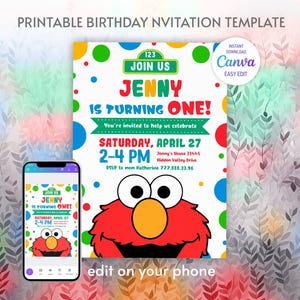 May include: A printable birthday invitation template featuring a colorful design with the text "JENNY IS TURNING ONE!" and event details. The design includes a cartoon character and the option to edit on a phone.