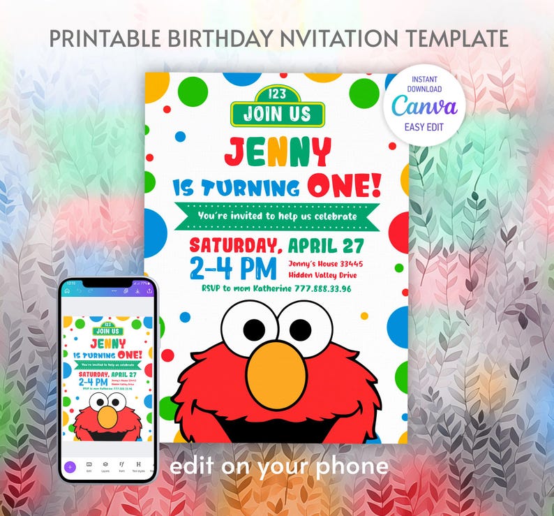 May include: A printable birthday invitation template featuring a colorful design with the text "JENNY IS TURNING ONE!" and event details. The design includes a cartoon character and the option to edit on a phone.