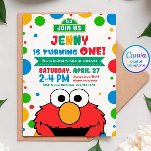 May include: A colorful birthday invitation featuring the character Elmo from Sesame Street. The invitation reads "Jenny is turning one!" with event details. The design includes polka dots and the Canva digital template logo.