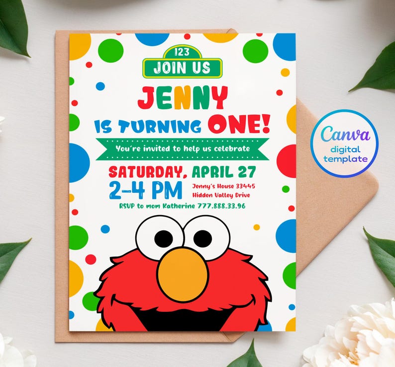 May include: A colorful birthday invitation featuring the character Elmo from Sesame Street. The invitation reads "Jenny is turning one!" with event details. The design includes polka dots and the Canva digital template logo.