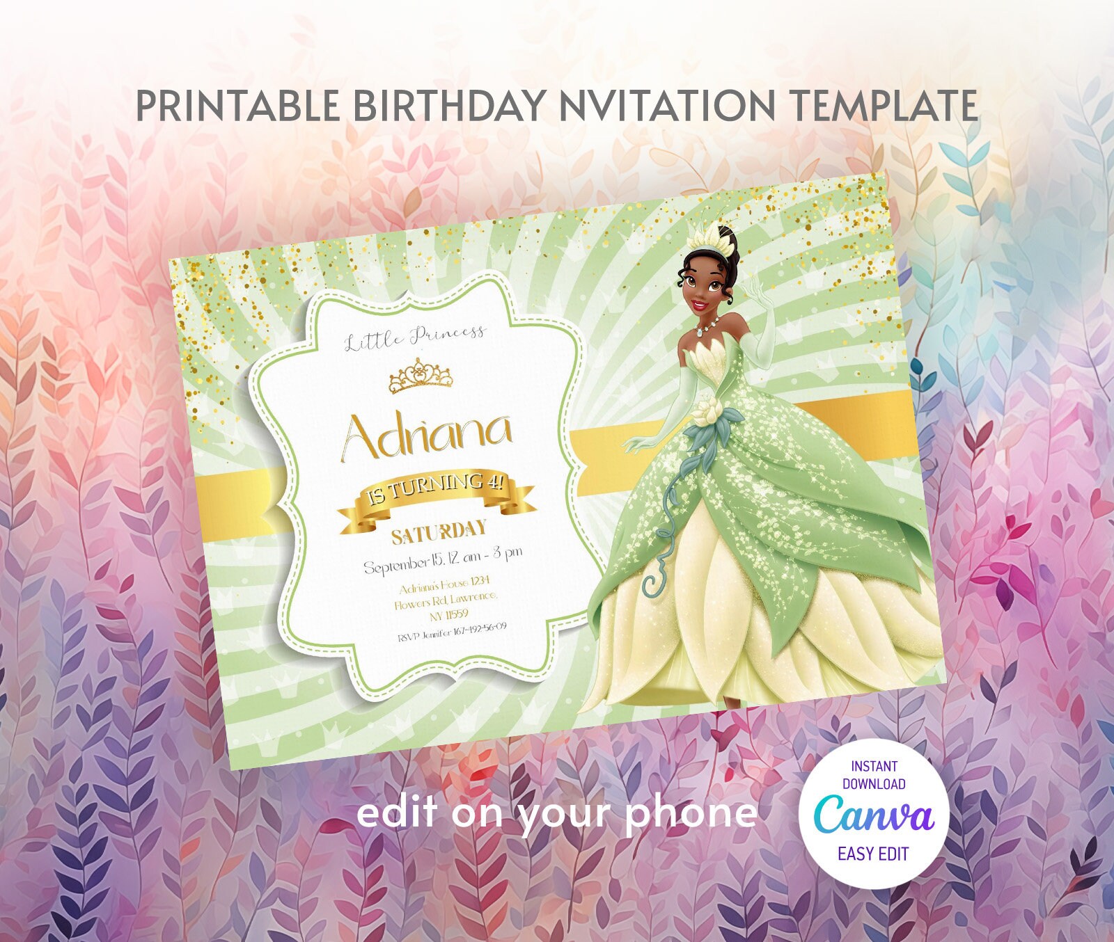 Princess Tiana Birthday Invitation, Girl Editable Invite Template ...