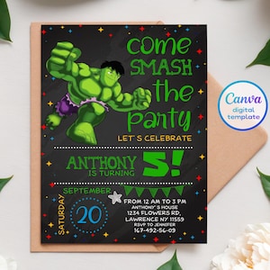 Printable Boy Birthday Invitation, superhero birthday invite, incredible hulk editable invitation, avengers birthday party