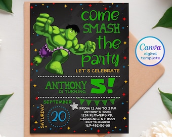 Printable Boy Birthday Invitation, superhero birthday invite, incredible hulk editable invitation, avengers birthday party