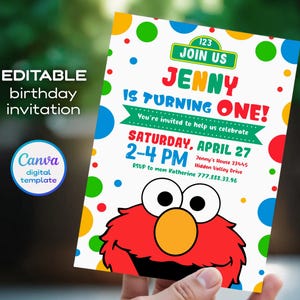 May include: A colorful birthday invitation featuring the character Elmo. The invitation includes the text "JENNY IS TURNING ONE!" and event details. The design incorporates polka dots and the Canva digital template logo.