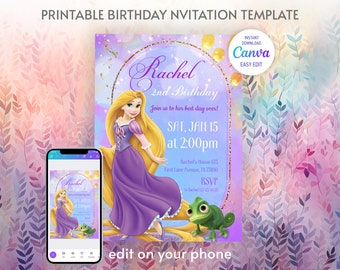 Princess Rapunzel Birthday invitation, Girl editable invite template, castle printable invitation, once upon a time royal party, Rapunсel