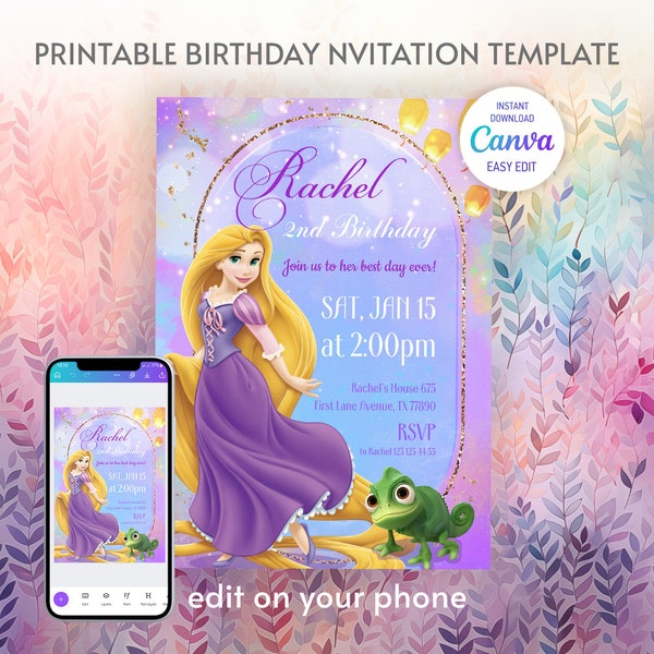 Invitation d’anniversaire de la princesse Raiponce, modèle d’invitation modifiable pour fille, invitation imprimable au château, fête royale il était une fois, Raiponce