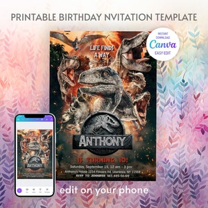 Dinosaur Printable birthday invitation, dino birthday invite, park invitation, world invitation, T-Rex party invite, instant download