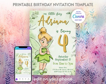 Printable fairy  Tinkerbell fairy Birthday Invitation, tinker bell invitation, editable invite, peter pen invite, girl invite template