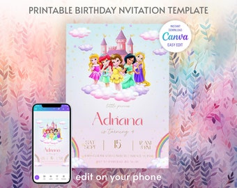 May include: Printable birthday invitation template featuring a pink castle and Disney princesses on a cloud. The text reads "little princess Adriana is turning 4" and "Sat Sept 15 | 12 AM | 3141".