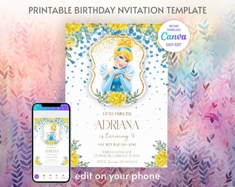 Princess cinderella Birthday invitation, Girl editable invite template, castle printable invitation, once upon a time royal party cinderella
