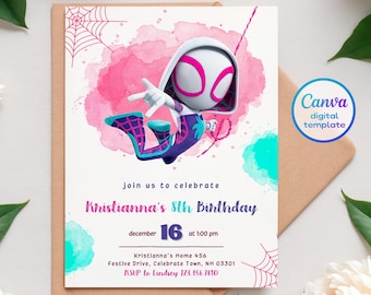Gwen Birthday invitation, Spider-Verse girl birthday invite, editable Ghost Spidey invitation, Spidey Gwen Party, girl Spiderman Birthday
