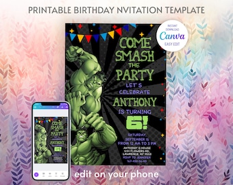 Printable Boy Birthday Invitation, superhero birthday invite, incredible hulk editable invitation, avengers birthday party