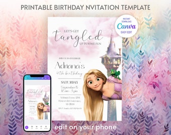 Princess Rapunzel Birthday invitation, Girl editable invite template, castle printable invitation, once upon a time royal party, Rapunсel