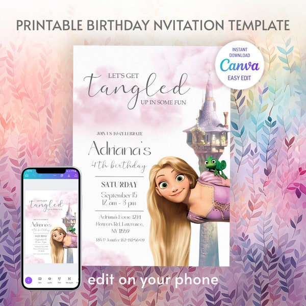 Princess Rapunzel Birthday invitation, Girl editable invite template, castle printable invitation, once upon a time royal party, Rapunсel