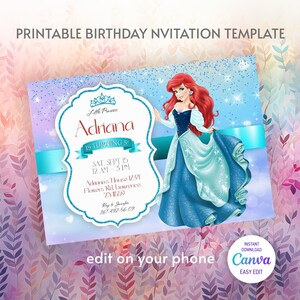 Invitation d’anniversaire de la princesse Ariel, modèle d’invitation modifiable pour fille, invitation imprimable petite sirène, fête sous la mer, téléchargement instantané