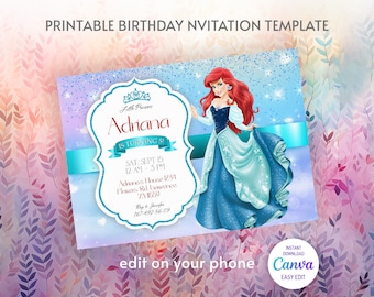 Princess Ariel Birthday invitation, Girl editable invite template, little mermaid printable invitation, under sea party, instant download