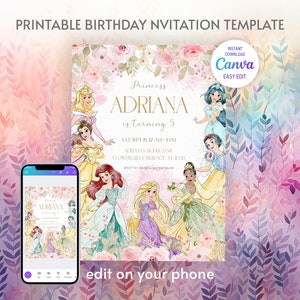 Princess Birthday invitation, Girl editable invite template, castle printable invitation, once upon a time royal party, instant download image 1