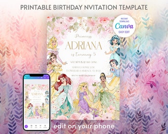 Princess Birthday invitation, Girl editable invite template, castle printable invitation, once upon a time royal party, instant download