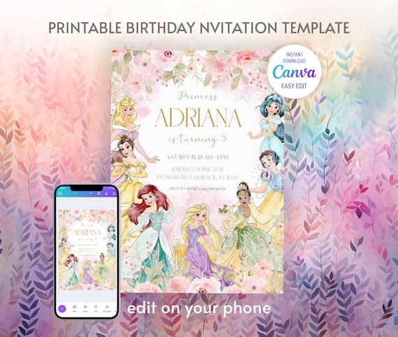 Princess Birthday invitation, Girl editable invite template, castle printable invitation, once upon a time royal party, instant download