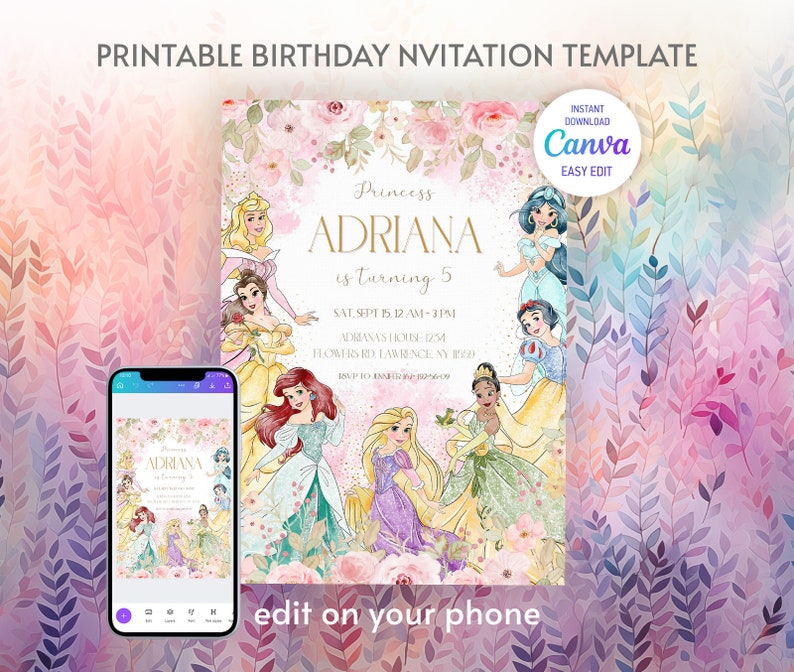 Princess Birthday invitation, Girl editable invite template, castle printable invitation, once upon a time royal party, instant download image 1