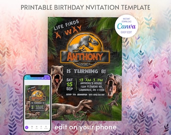 Dinosaur Printable birthday invitation, dino birthday invite, park invitation, world invitation, T-Rex party invite, instant download