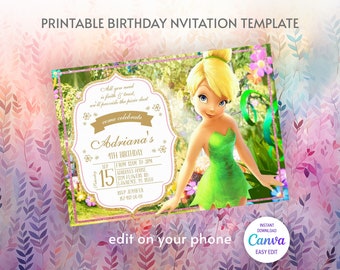 Printable fairy  Tinkerbell fairy Birthday Invitation, tinker bell invitation, editable invite, peter pen invite, girl invite template