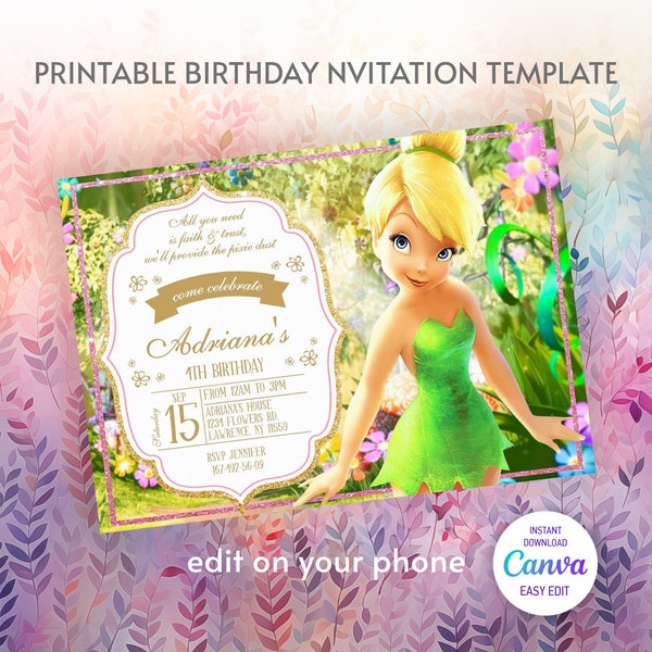Printable fairy  Tinkerbell fairy Birthday Invitation, tinker bell invitation, editable invite, peter pen invite, girl invite template