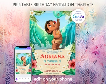 Moana invitation, Printable birthday invitation, Editable invitation, instant download, boy girl birthday invite, hawaii luau party
