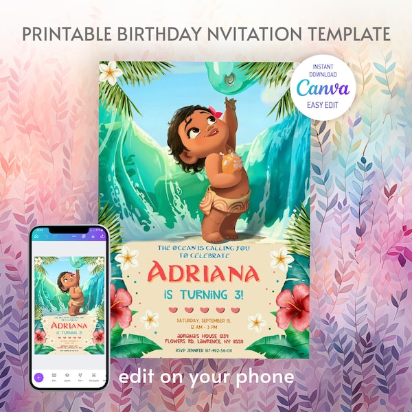 Moana invitation, Printable birthday invitation, Editable invitation, instant download, boy girl birthday invite, hawaii luau party