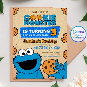 May include: A birthday invitation featuring the Cookie Monster. The invitation has a brown background with cookie illustrations. Text includes "Our Little Cookie Monster," "Is Turning 3," and "Jonathan's Birthday." The Cookie Monster is holding a cookie.
