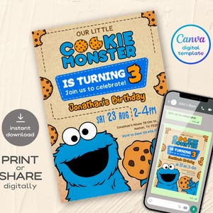 May include: A digital birthday invitation featuring the Cookie Monster. The design includes the text "Our Little Cookie Monster is Turning 3" with a blue and orange color scheme. A smartphone displays the invitation, and the invitation is available for print or digital share.