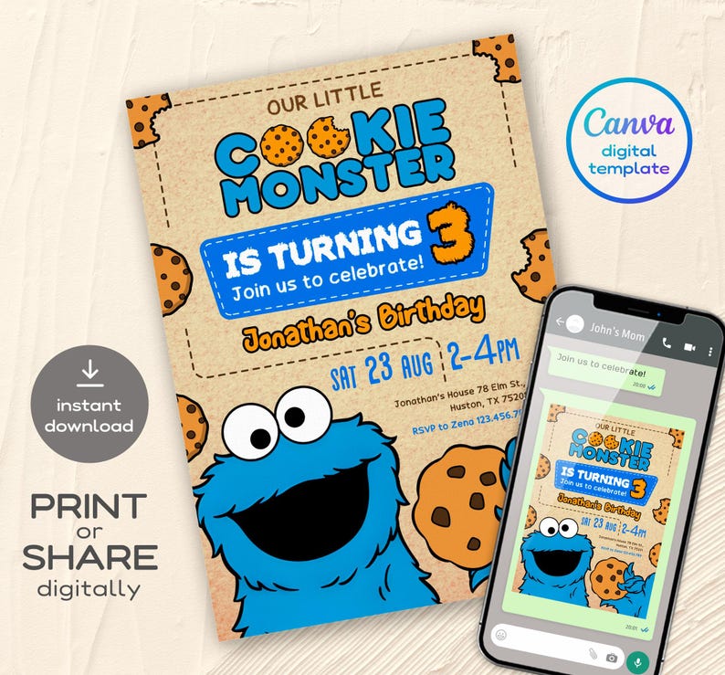 May include: A digital birthday invitation featuring the Cookie Monster. The design includes the text "Our Little Cookie Monster is Turning 3" with a blue and orange color scheme. A smartphone displays the invitation, and the invitation is available for print or digital share.