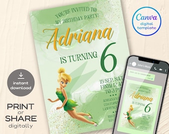 Printable fairy  Tinkerbell fairy Birthday Invitation, tinker bell invitation, editable invite, peter pen invite, girl invite template