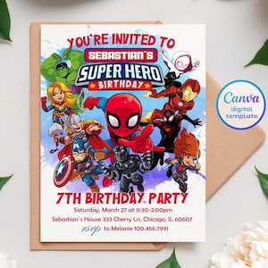 Invito supereroe, ragazzo invito compleanno Avengers, invito Spiderman, download istantaneo, modello invito compleanno supereroe
