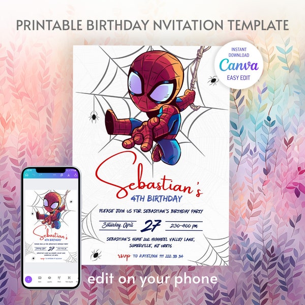 Invitation d’anniversaire de garçon imprimable, invitation d’anniversaire de super-héros, invitation d’amis spidey, invitation à une fête d’anniversaire de spiderman, super héros