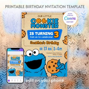 May include: A printable birthday invitation template featuring a Cookie Monster theme. The design includes the text "Our Little Cookie Monster is Turning 3" with event details. A smartphone displays the invitation design. The invitation is editable on a phone.