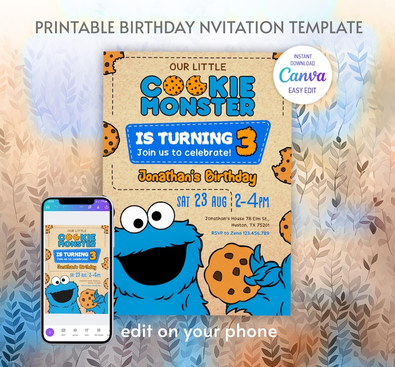 May include: A printable birthday invitation template featuring a Cookie Monster theme. The design includes the text "Our Little Cookie Monster is Turning 3" with event details. A smartphone displays the invitation design. The invitation is editable on a phone.