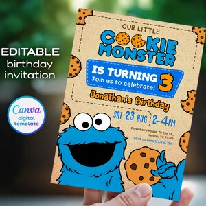 May include: A birthday invitation featuring a blue Cookie Monster character with the text "Our Little Cookie Monster Is Turning 3". The invitation is a digital template from Canva, with details for Jonathan's birthday.