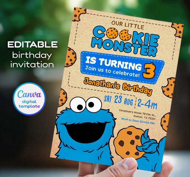 May include: A birthday invitation featuring a blue Cookie Monster character with the text "Our Little Cookie Monster Is Turning 3". The invitation is a digital template from Canva, with details for Jonathan's birthday.