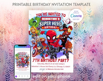 Superhero invitation, avengers Birthday Invite boy, spiderman invitation, Instant Download, super hero Birthday Invite template