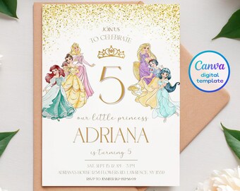 May include: A white invitation with gold glitter background featuring a princess theme. The invitation says "Join us to celebrate" with a large number 5 and the text "our little princess ADRIANA is turning 5". The invitation includes a gold crown and images of Disney princesses.