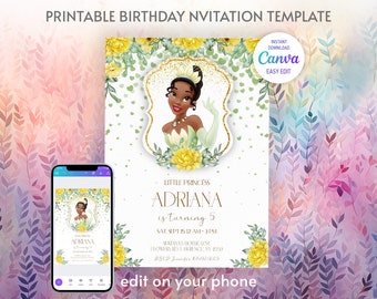 Princess Tiana Birthday invitation, Girl editable invite template, princess frog printable invitation, royal party, instant download